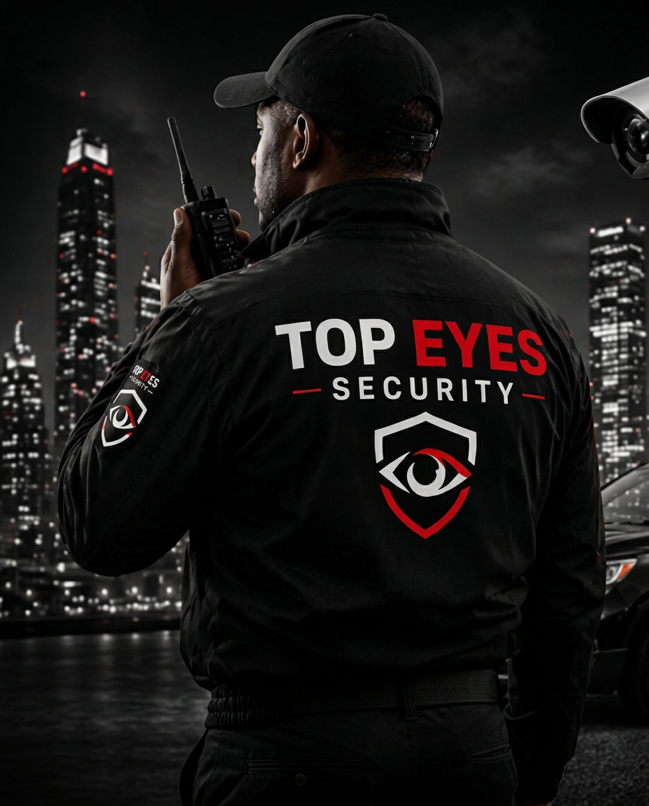 Professional Top Eyes security officer on duty with two-way radio