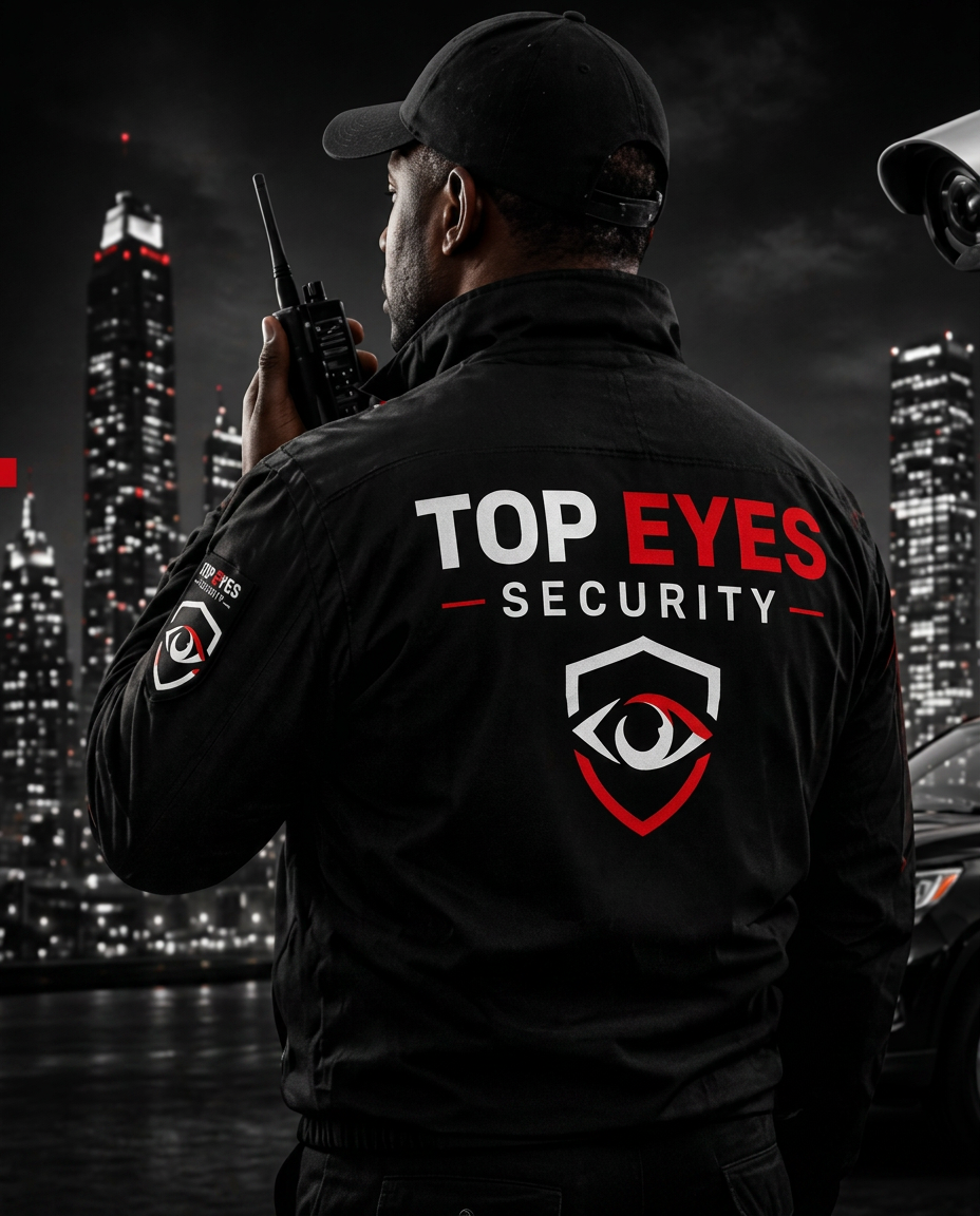 Professional Top Eyes security officer on duty with two-way radio